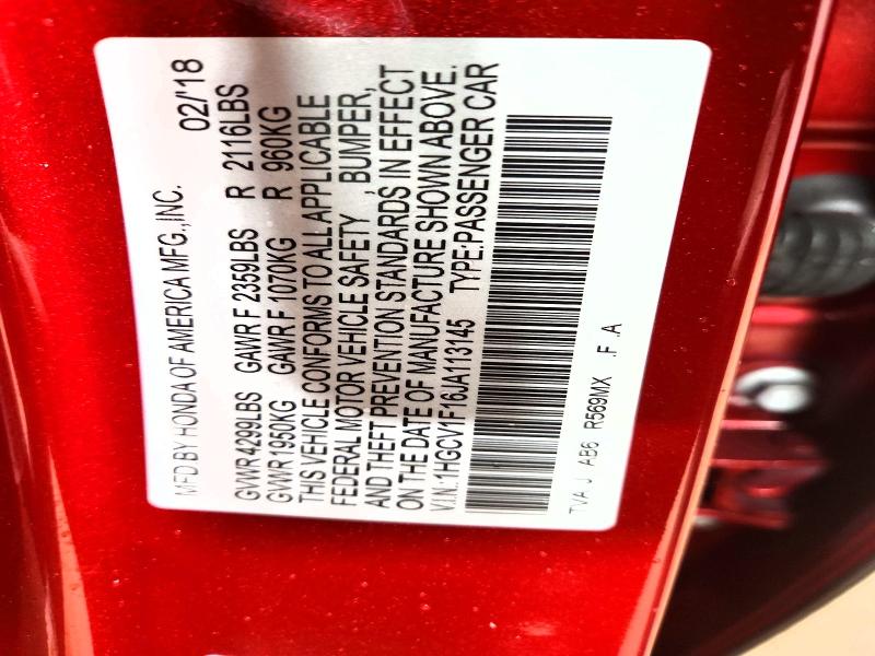 48662956 :رقم المزاد ، 1HGCV1F16JA113145 vin ، 2018 Honda Accord مزاد بيع