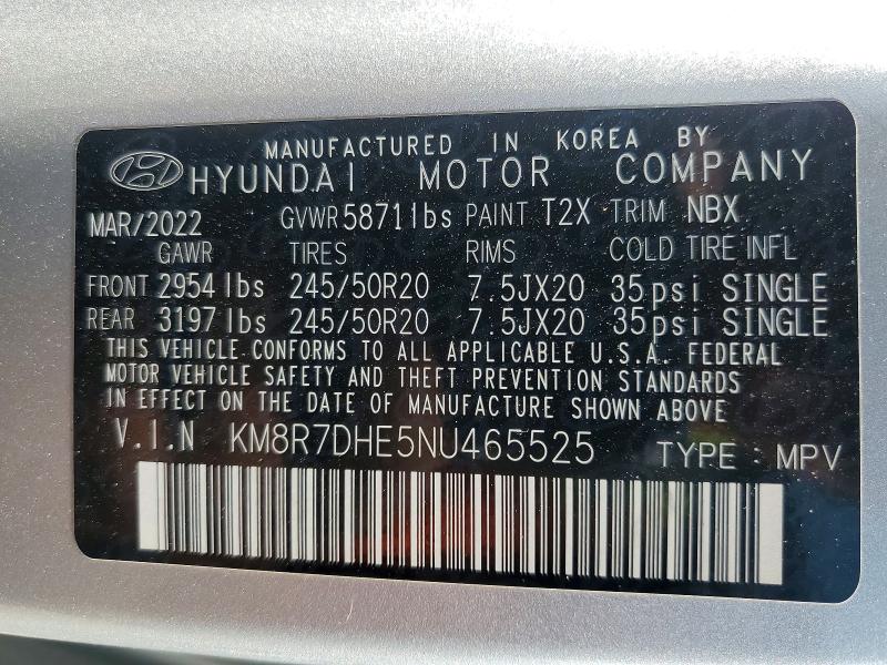 2022 Hyundai Palisade მანქანა იყიდება აუქციონზე, vin: KM8R7DHE5NU465525, აუქციონის ნომერი: 50711956