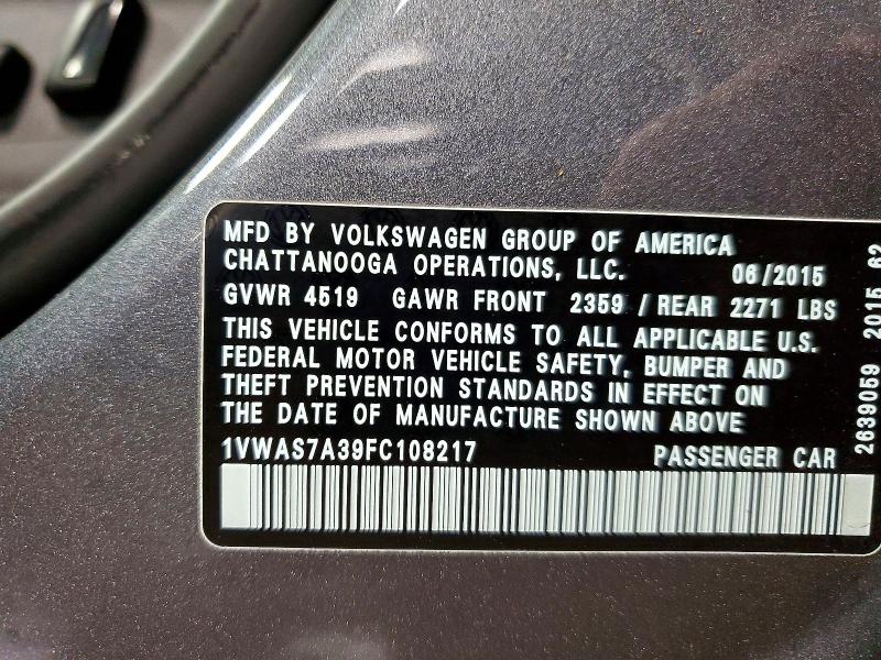 Продажа на аукционе авто 2015 Volkswagen Passat, vin: 1VWAS7A39FC108217, номер лота: 50002426