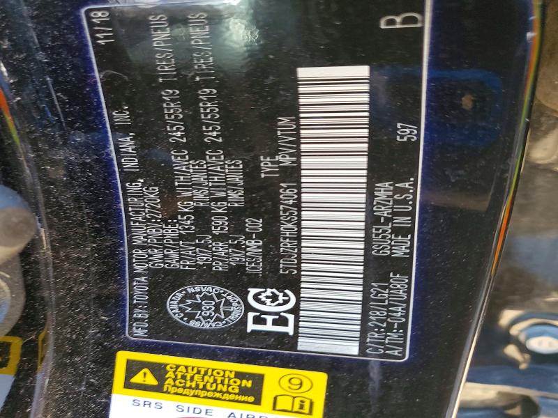 Продажа на аукционе авто 2019 Toyota Highlander, vin: 5TDJZRFH0KS574061, номер лота: 49246946