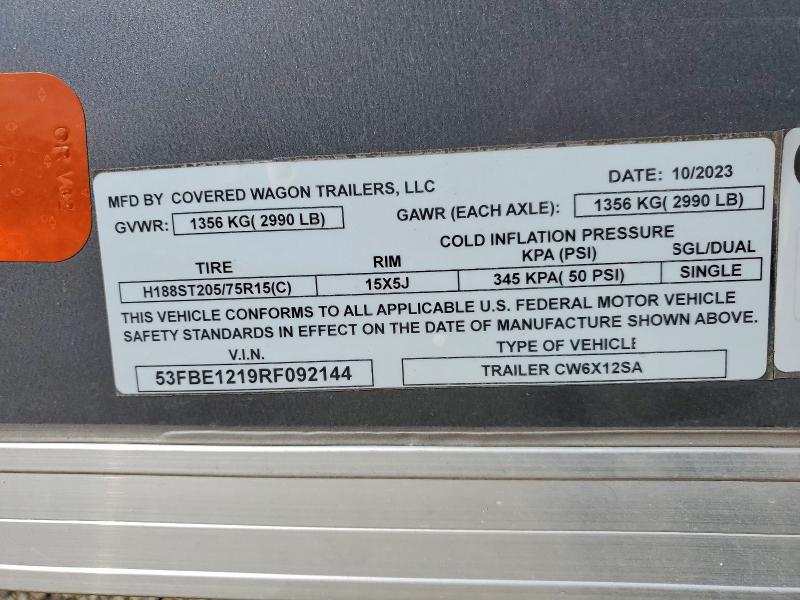 49983476 :رقم المزاد ، 53FBE1219RF092144 vin ، 2024 Covered Wagon 6x12 Cargo مزاد بيع