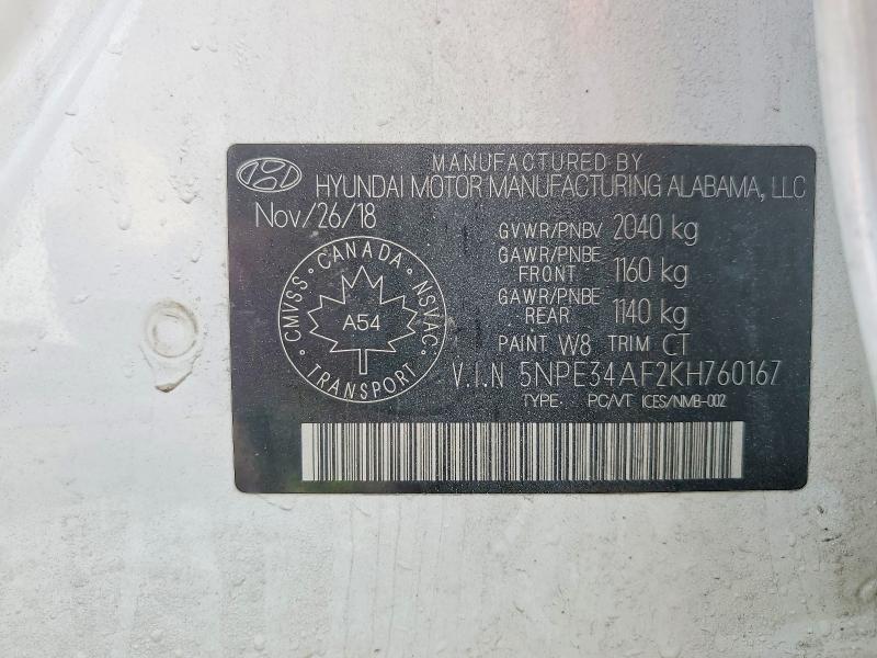 49550376 :رقم المزاد ، 5NPE34AF2KH760167 vin ، 2019 Hyundai Sonata مزاد بيع