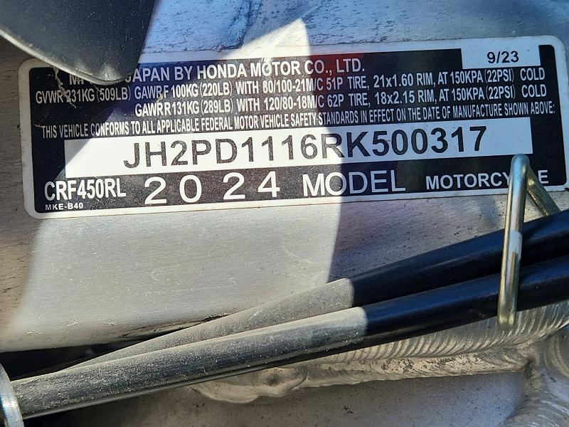 Aukcja sprzedaży 2024 Honda Crf450, vin: JH2PD1116RK500317, numer aukcji: 50471916