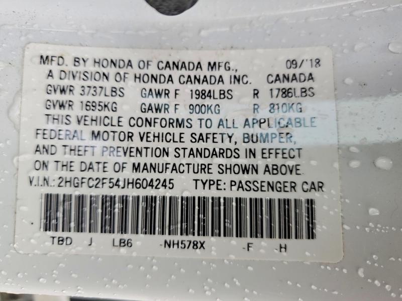 51844186 :رقم المزاد ، 2HGFC2F54JH604245 vin ، 2018 Honda Civic مزاد بيع