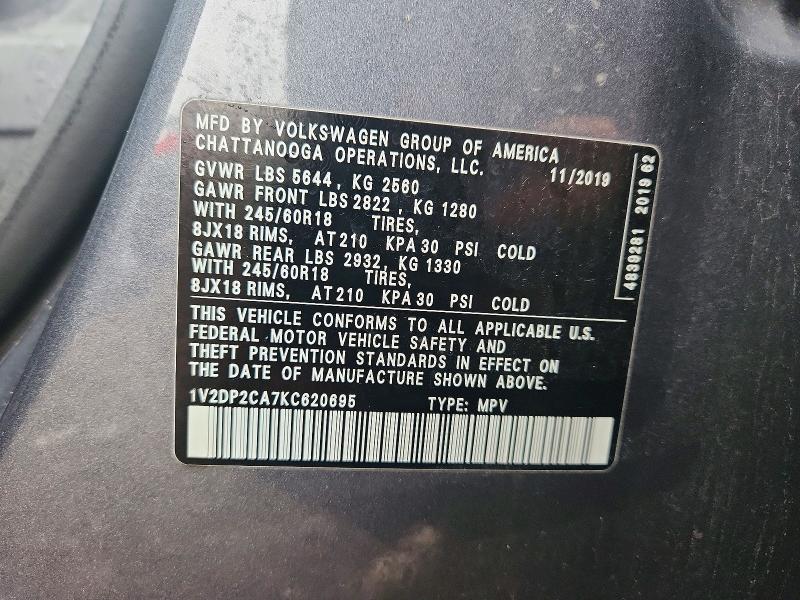 Aukcja sprzedaży 2019 Volkswagen Atlas, vin: 1V2DP2CA7KC620695, numer aukcji: 47059526
