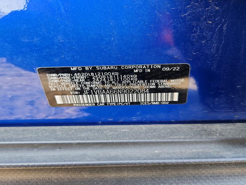 Продаж на аукціоні авто 2022 Subaru Wrx, vin: JF1VBAA66N9022084, номер лоту: 49878016
