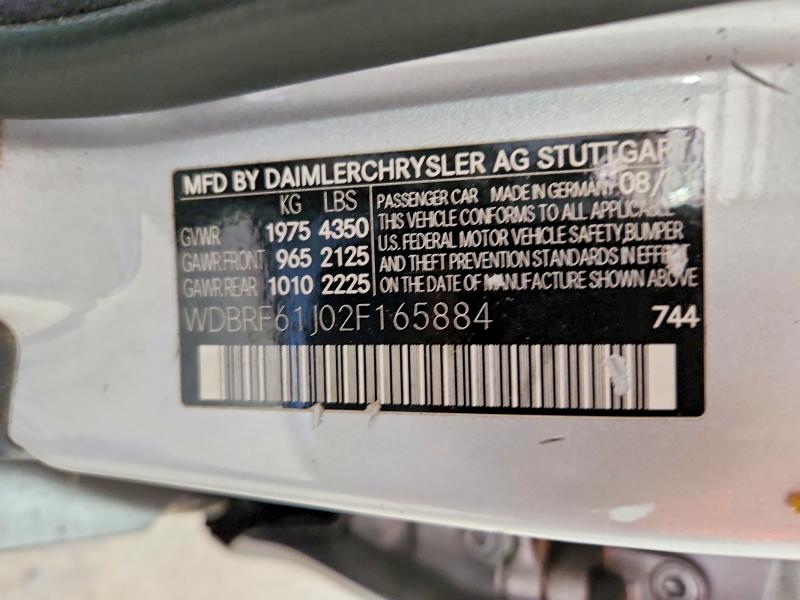 Aukcja sprzedaży 2002 Mercedes-benz C, vin: WDBRF61J02F165884, numer aukcji: 52020616