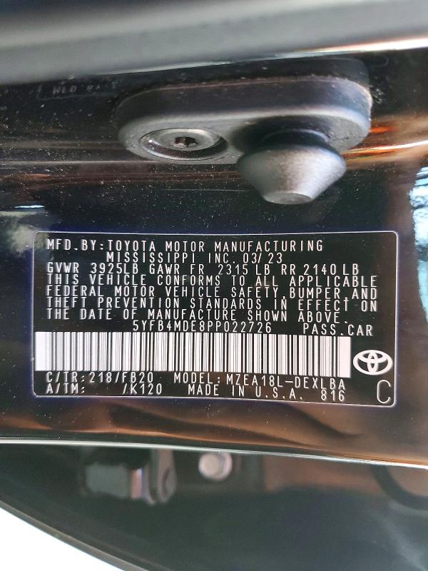 Auction sale of the 2023 Toyota Corolla, vin: 5YFB4MDE8PP022726, lot number: 49441276