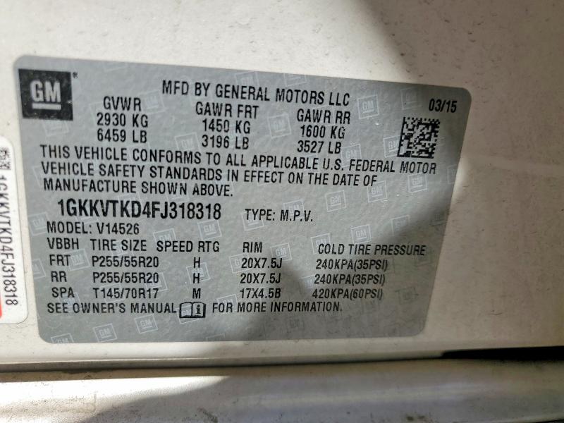 2015 Gmc Acadia მანქანა იყიდება აუქციონზე, vin: 1GKKVTKD4FJ318318, აუქციონის ნომერი: 49944856