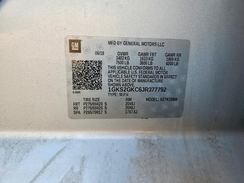 49979446 :رقم المزاد ، 1GKS2GKC6JR377792 vin ، 2018 Gmc Yukon Xl مزاد بيع