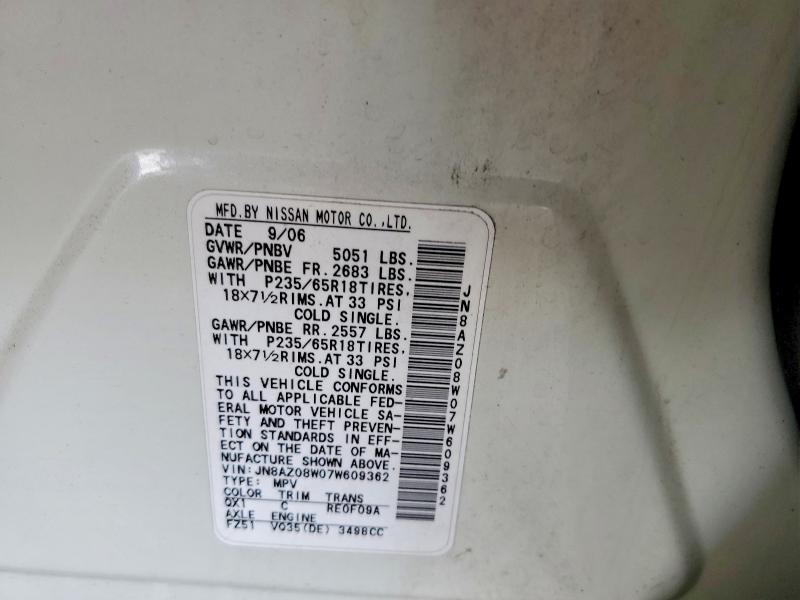 Auction sale of the 2007 Niss Murano, vin: JN8AZ08W07W609362, lot number: 49639686