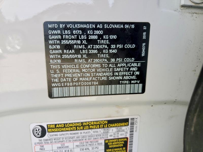 50856206 :رقم المزاد ، WVGEF9BP0FD006784 vin ، 2015 Volkswagen Touareg مزاد بيع