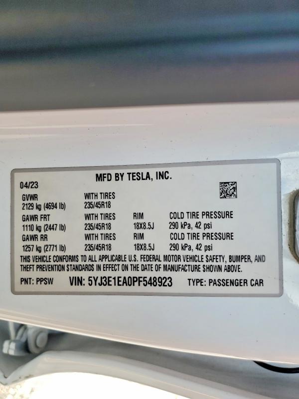 Aukcja sprzedaży 2023 Tesla Model 3, vin: 5YJ3E1EA0PF548923, numer aukcji: 48512236
