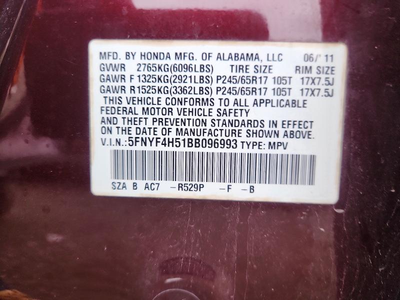 52037566 :رقم المزاد ، 5FNYF4H51BB096993 vin ، 2011 Honda Pilot مزاد بيع