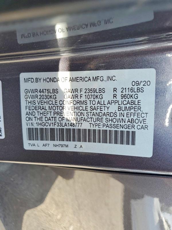 2020 Honda Accord მანქანა იყიდება აუქციონზე, vin: 1HGCV1F33LA148777, აუქციონის ნომერი: 49801546