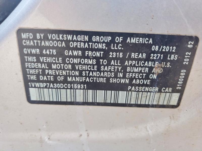 50415526 :رقم المزاد ، 1VWBP7A30DC015931 vin ، 2013 Volkswagen Passat مزاد بيع