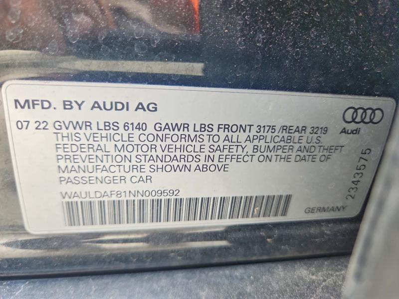 2022 Audi A8 მანქანა იყიდება აუქციონზე, vin: WAULDAF81NN009592, აუქციონის ნომერი: 51515926