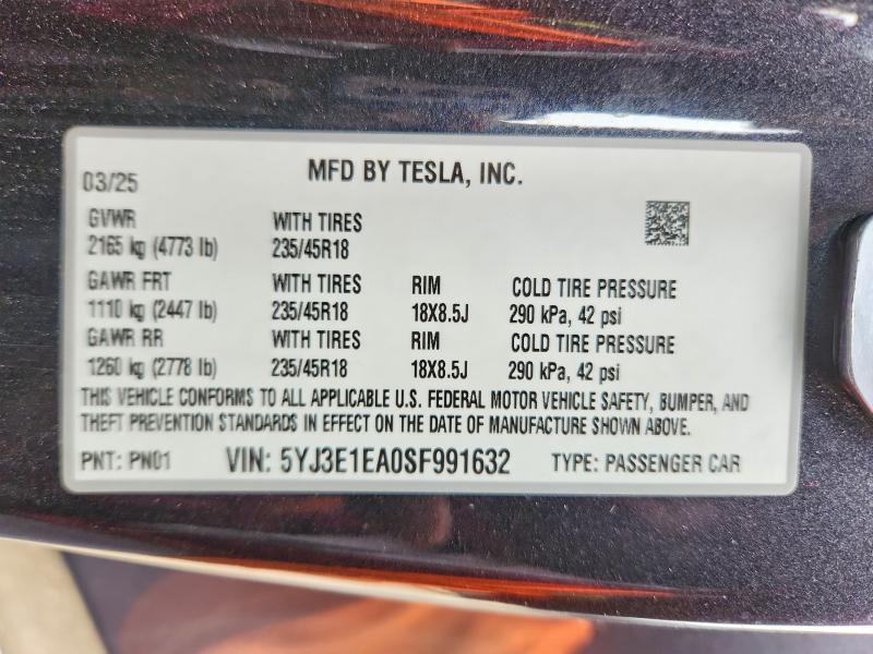 Продаж на аукціоні авто 2025 Tesla Model 3, vin: 5YJ3E1EA0SF991632, номер лоту: 50738336