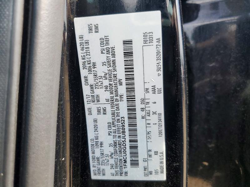 49858396 :رقم المزاد ، 1FMCU0GD5JUB09523 vin ، 2018 Ford Escape مزاد بيع