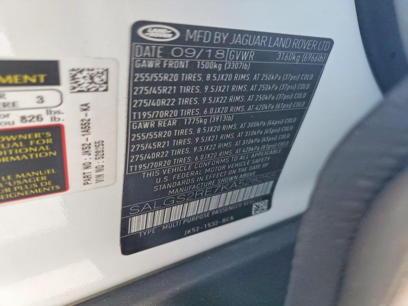 50609786 :رقم المزاد ، SALGS2RE7KA528255 vin ، 2019 Land Rover Range Rover مزاد بيع