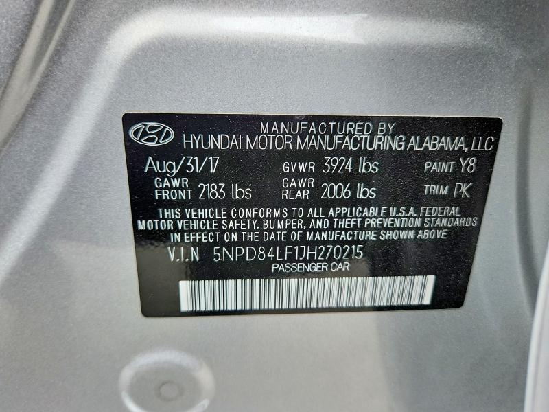 Продаж на аукціоні авто 2018 Hyundai Elantra, vin: 5NPD84LF1JH270215, номер лоту: 49518896