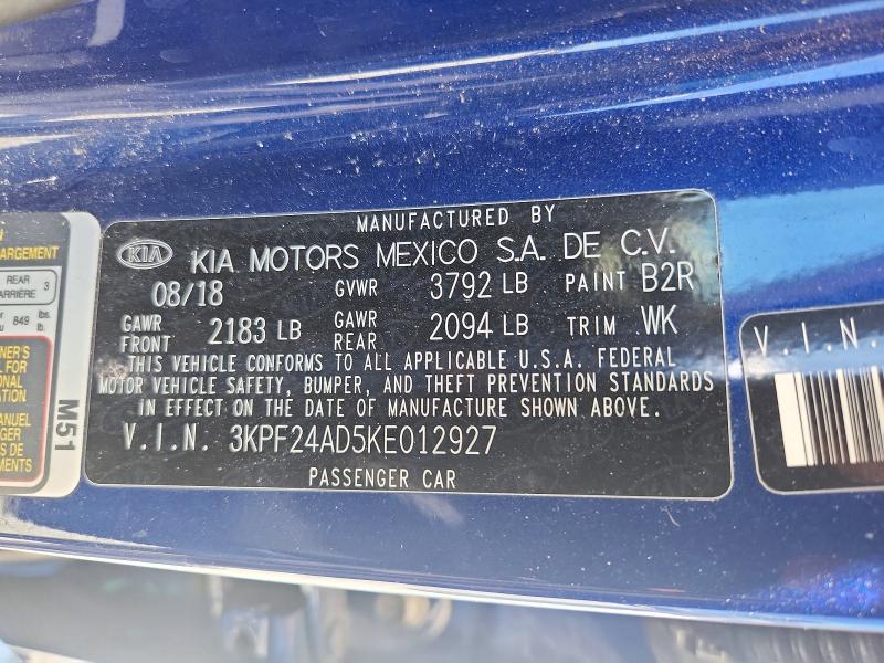 Aukcja sprzedaży 2019 Kia Forte, vin: 3KPF24AD5KE012927, numer aukcji: 50264206
