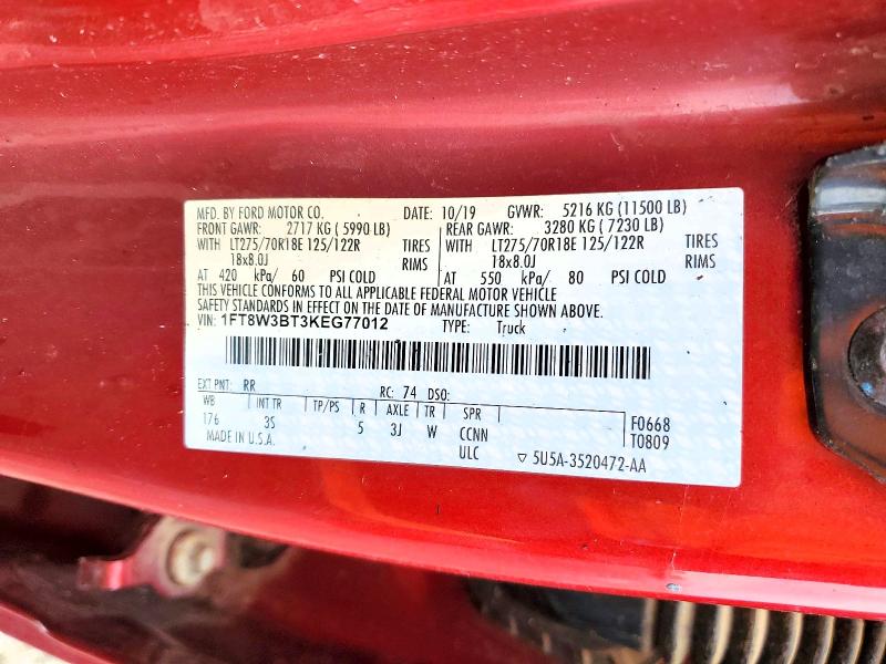 2019 Ford F350 მანქანა იყიდება აუქციონზე, vin: 1FT8W3BT3KEG77012, აუქციონის ნომერი: 48209436
