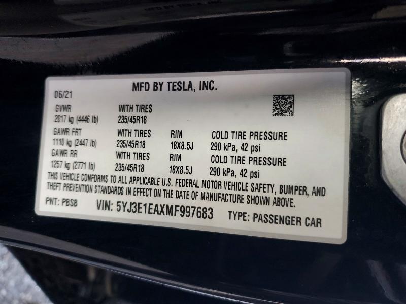 2021 Tesla Model 3 მანქანა იყიდება აუქციონზე, vin: 5YJ3E1EAXMF997683, აუქციონის ნომერი: 48288596