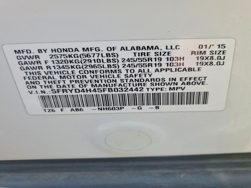 50232026 :رقم المزاد ، 5FRYD4H45FB032442 vin ، 2015 Acura Mdx مزاد بيع