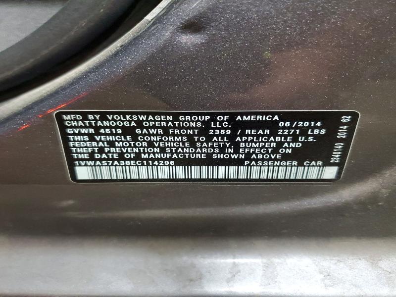 2014 Volkswagen Passat მანქანა იყიდება აუქციონზე, vin: 1VWAS7A38EC114296, აუქციონის ნომერი: 50305486