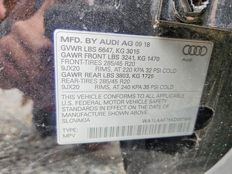 2019 Audi Q7 მანქანა იყიდება აუქციონზე, vin: WA1LAAF75KD007648, აუქციონის ნომერი: 47014816