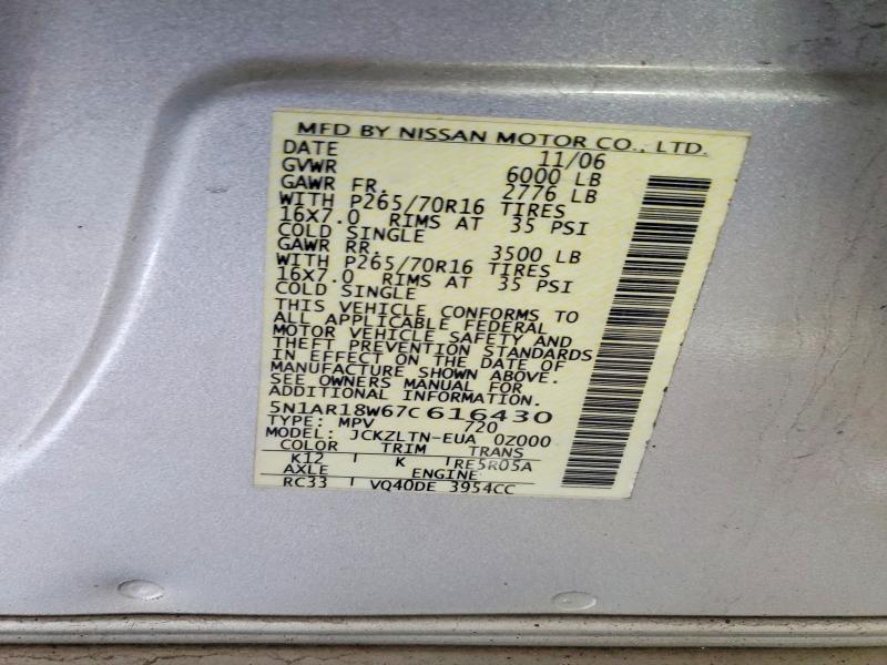 2007 Nissan Pathfinder მანქანა იყიდება აუქციონზე, vin: 5N1AR18W67C616430, აუქციონის ნომერი: 51345436