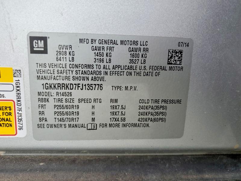 49881096 :رقم المزاد ، 1GKKRRKD7FJ135776 vin ، 2015 Gmc Acadia مزاد بيع