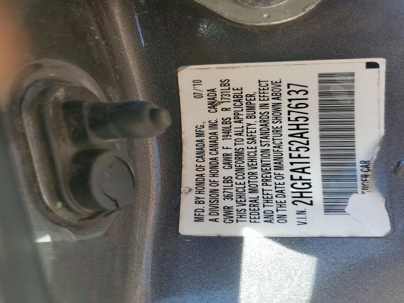 2010 Honda Civic მანქანა იყიდება აუქციონზე, vin: 2HGFA1F52AH576137, აუქციონის ნომერი: 50487426