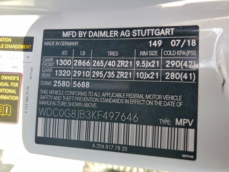 Aukcja sprzedaży 2019 Mercedes-benz Glc, vin: WDC0G8JB3KF497646, numer aukcji: 48875436