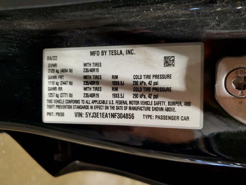 Продажа на аукционе авто 2022 Tesla Model 3, vin: 5YJ3E1EA1NF304856, номер лота: 50959366