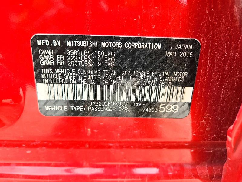 Aukcja sprzedaży 2016 Mitsubishi Lancer, vin: JA32U2FU9GU011342, numer aukcji: 50945346