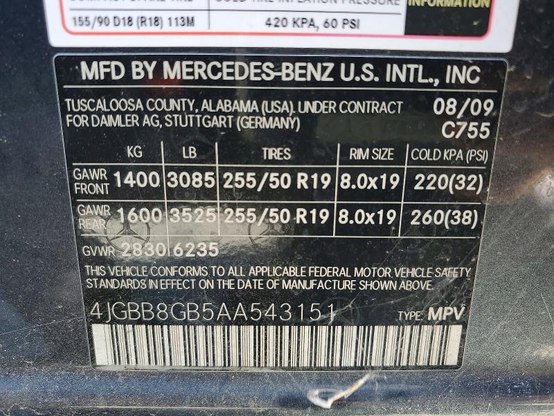 49652586 :رقم المزاد ، 4JGBB8GB5AA543151 vin ، 2010 Mercedes-benz Ml مزاد بيع