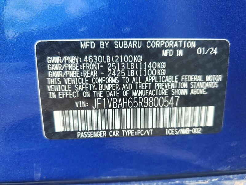 2024 Subaru Wrx მანქანა იყიდება აუქციონზე, vin: JF1VBAH65R9800547, აუქციონის ნომერი: 50345396