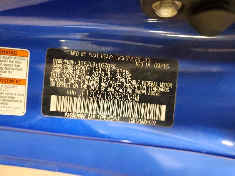 Продаж на аукціоні авто 2016 Subaru Brz, vin: JF1ZCAC12G9600894, номер лоту: 50529056