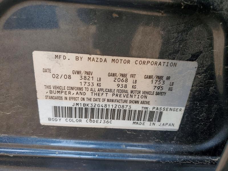 2008 Mazda 3 მანქანა იყიდება აუქციონზე, vin: JM1BK32G481120873, აუქციონის ნომერი: 50278526
