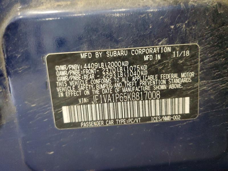 2019 Subaru Wrx მანქანა იყიდება აუქციონზე, vin: JF1VA1P65K8817008, აუქციონის ნომერი: 50491616