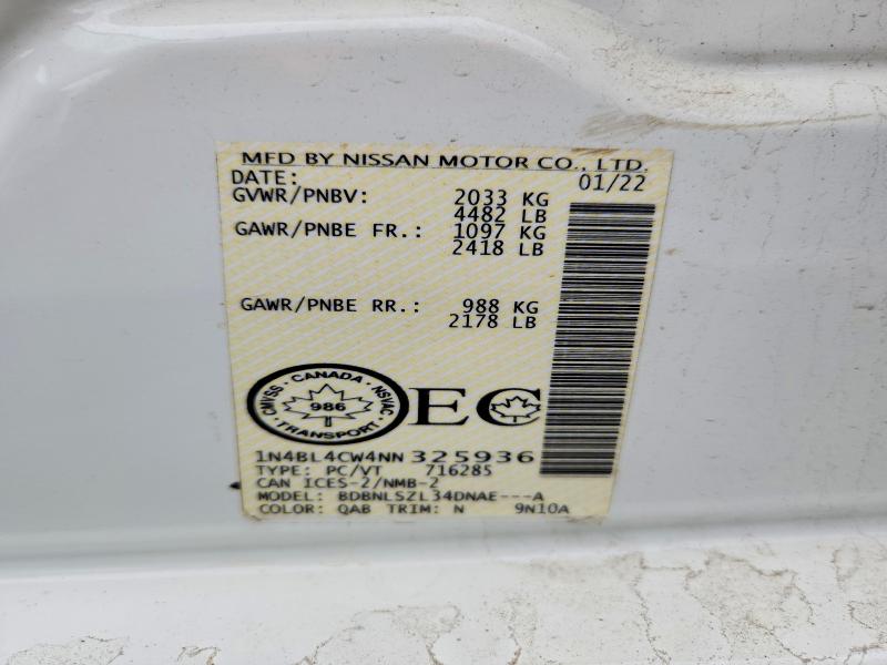 2022 Niss Altima მანქანა იყიდება აუქციონზე, vin: 1N4BL4CW4NN325936, აუქციონის ნომერი: 47772376