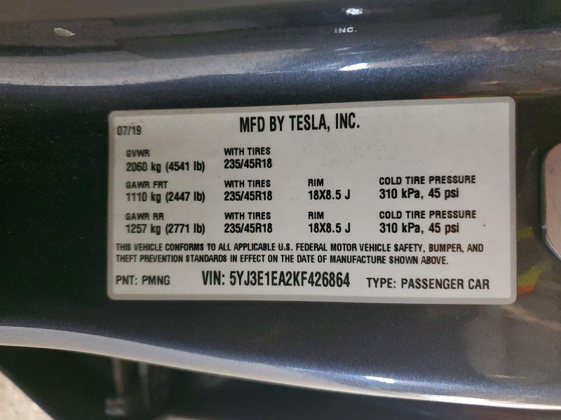 2019 Tesla Model 3 მანქანა იყიდება აუქციონზე, vin: 5YJ3E1EA2KF426864, აუქციონის ნომერი: 50166446