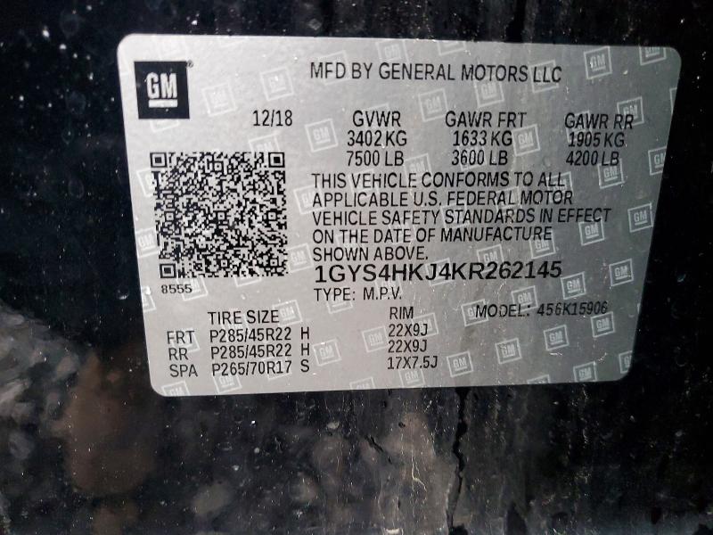 2019 Cadillac Escalade მანქანა იყიდება აუქციონზე, vin: 1GYS4HKJ4KR262145, აუქციონის ნომერი: 46878616