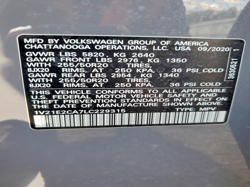 50574386 :رقم المزاد ، 1V21E2CA7LC229315 vin ، 2020 Volkswagen Atlas Cross Sport مزاد بيع