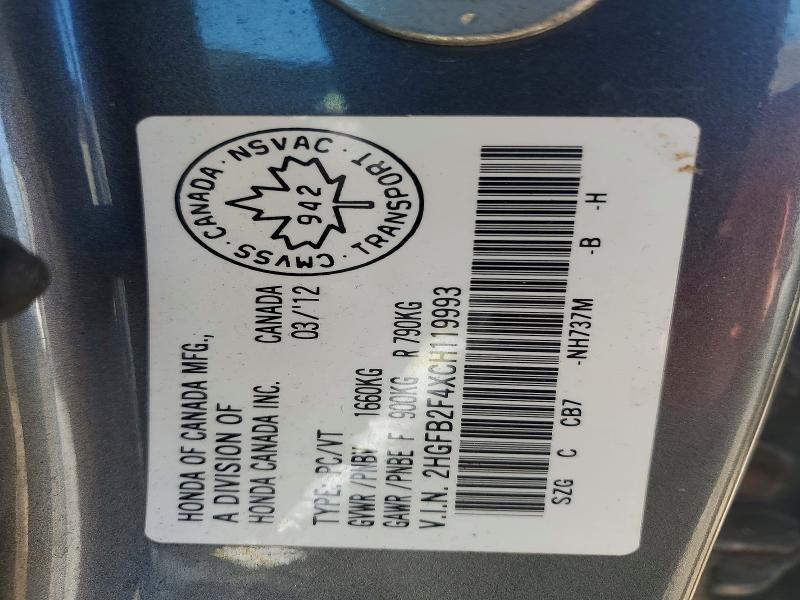 2012 Honda Civic მანქანა იყიდება აუქციონზე, vin: 2HGFB2F4XCH119993, აუქციონის ნომერი: 49902176