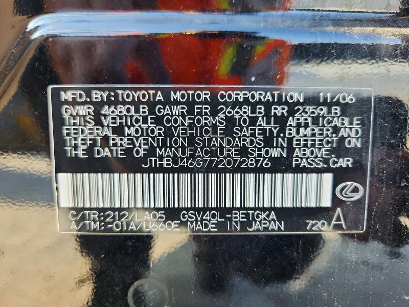 Aukcja sprzedaży 2007 Lexus Es, vin: JTHBJ46G772072876, numer aukcji: 50887456