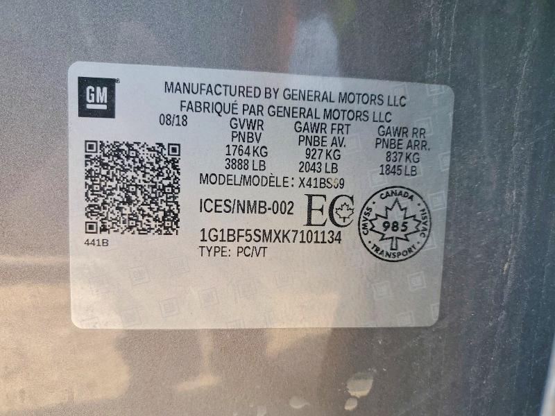 2019 Chevrolet Cruze მანქანა იყიდება აუქციონზე, vin: 1G1BF5SMXK7101134, აუქციონის ნომერი: 51174996
