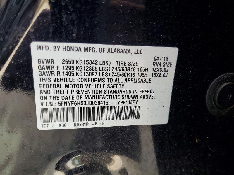 Продаж на аукціоні авто 2018 Honda Pilot, vin: 5FNYF6H53JB039415, номер лоту: 50330986